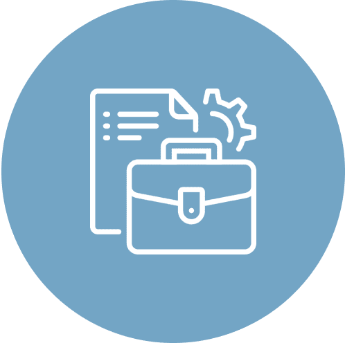 Briefcase, document, and gear icon on blue.
